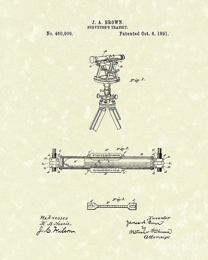 Brown Drawing - Surveyors Transit 1891 Patent Art by Prior Art Design