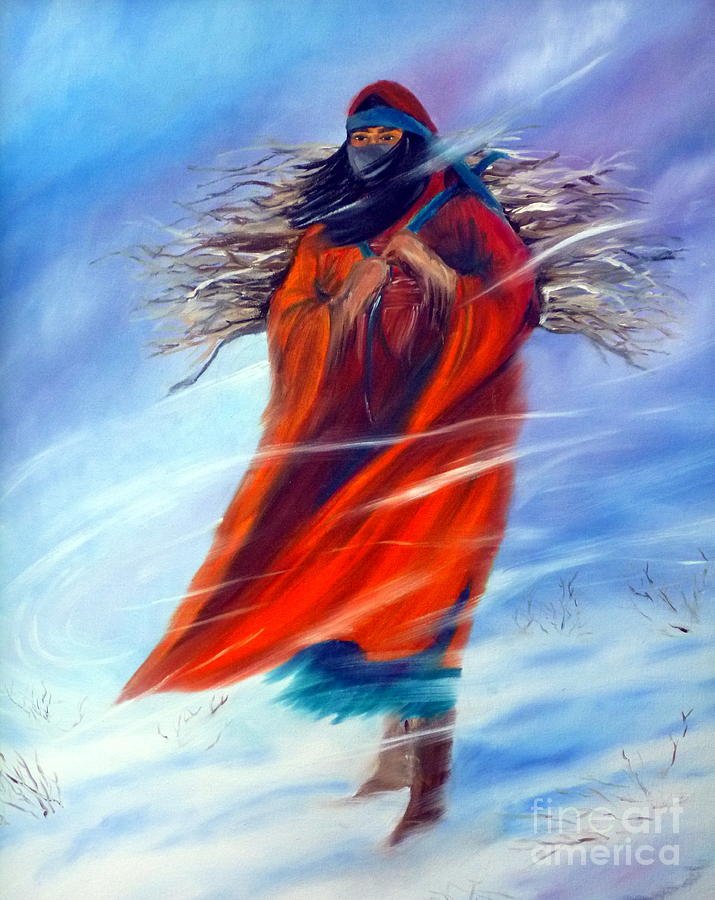 Surviving Another Day Woman Female Figure Native American Winter Snowing Jackie Carpenter Painting