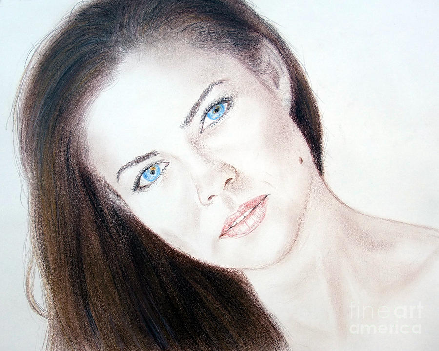 Portrait Drawing - Actress and Model Susan Ward Blue Eyed Beauty with a Mole #1 by Jim Fitzpatrick