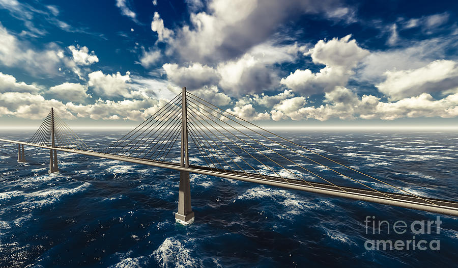 Suspension Bridge On Stormy Ocean Digital Art
