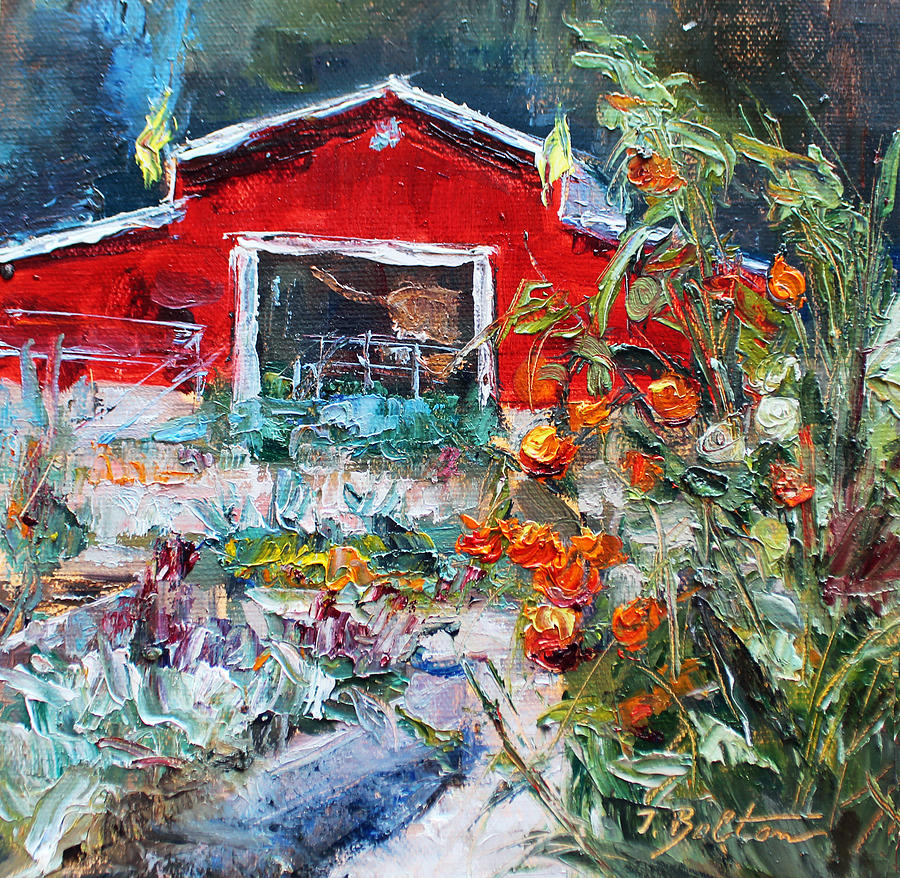 Vegetable Painting - Garden with Red Barn by Ingrid Bolton