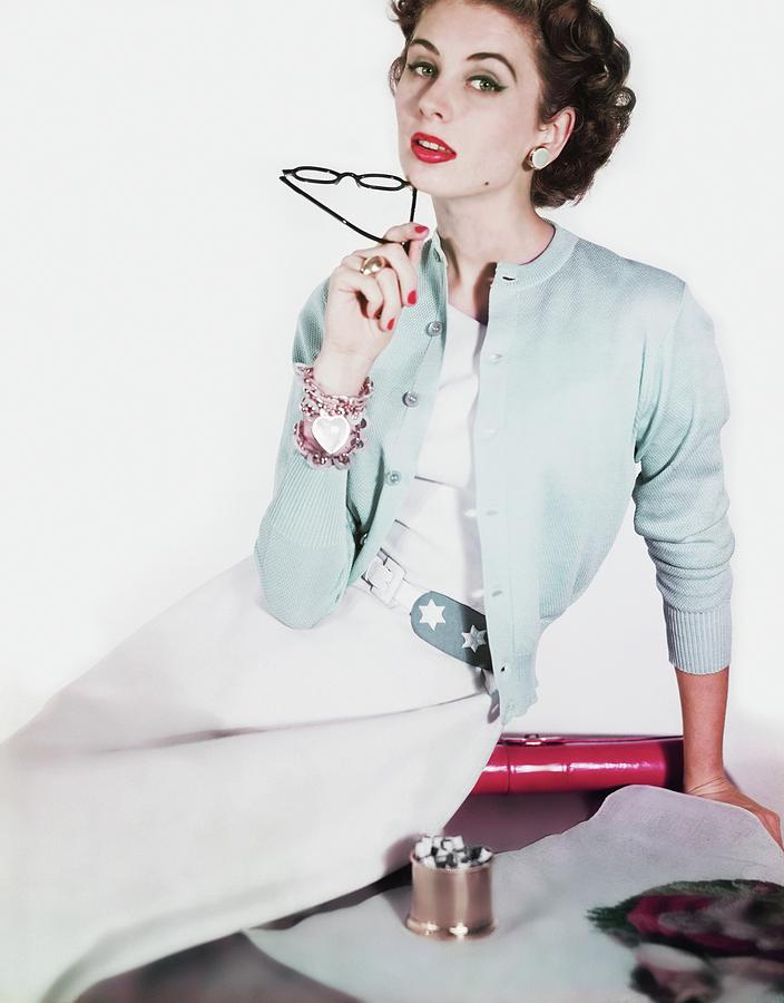 Suzy Parker Wearing Cardigan And Dress Photograph by Horst P. Horst