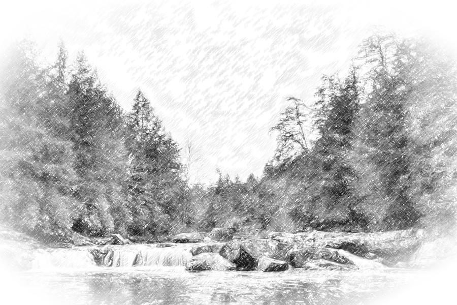 Swallow Falls Waterfall Pencil Sketch Photograph
