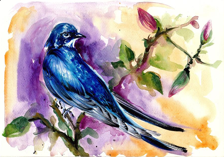 Swallow in Magnolia Watercolor Painting by Tiberiu Soos