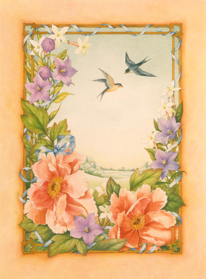 Swallows and Peonies Painting by Lynn Bywaters