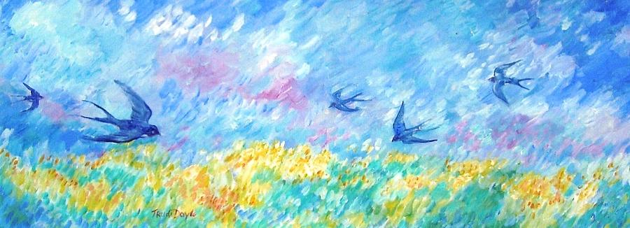 Summer Painting - Swallows over Harvest Field  by Trudi Doyle