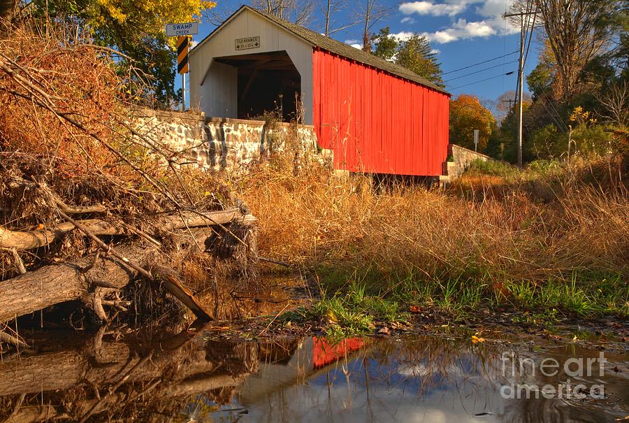 Swamp Creek Covered Bridge Reflections Photograph by Adam Jewell
