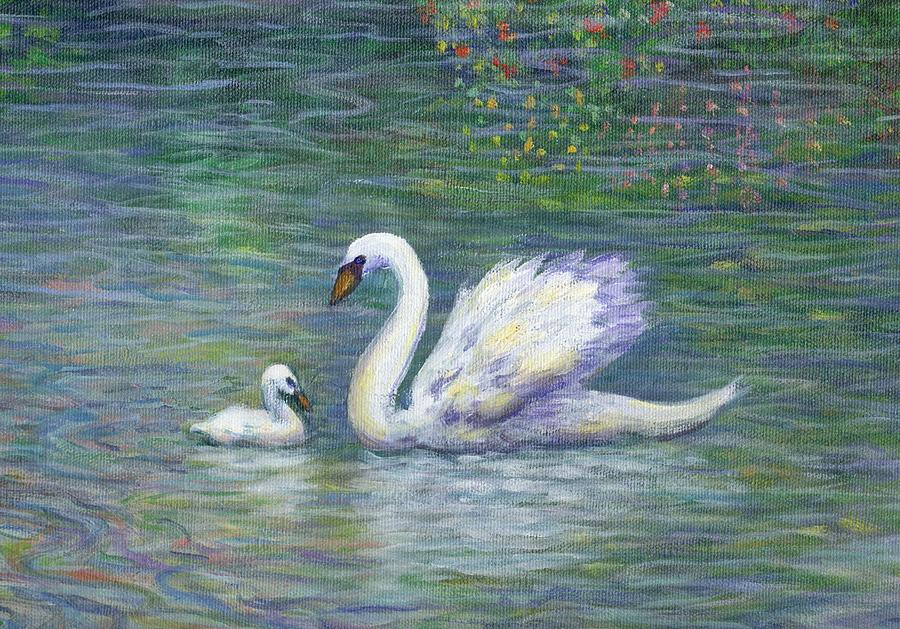 Swan Painting - Swan and One Baby by Linda Mears