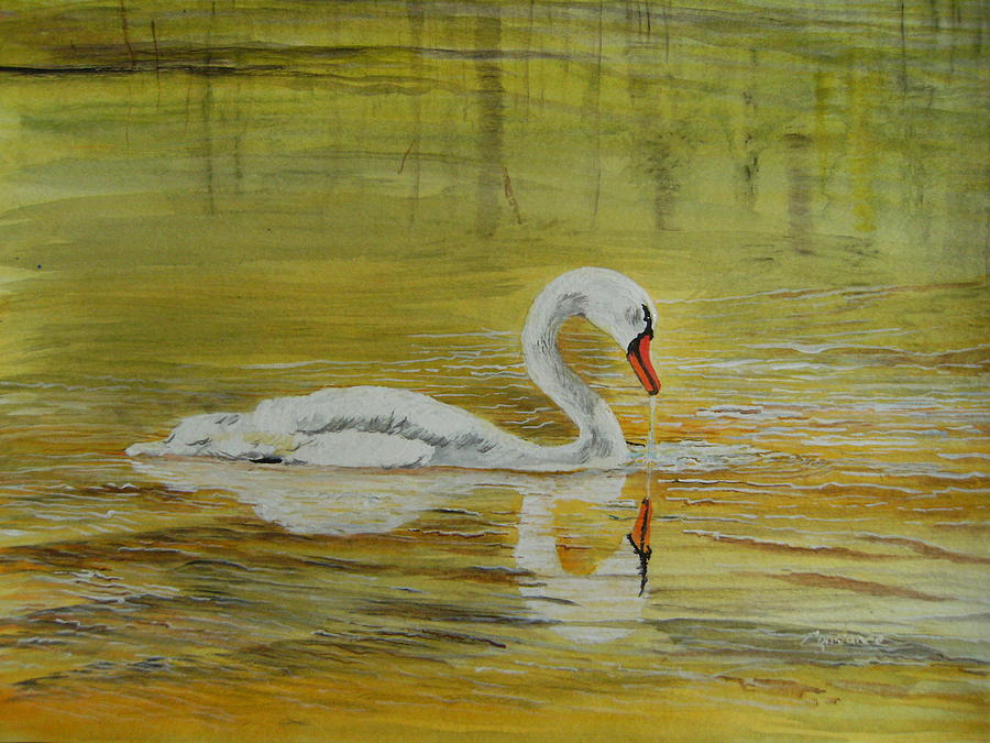 Nature Painting - Swan on Golden Waters by Connie Rowsell