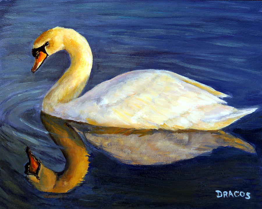Swan Painting - Swan Swimming at Sunset by Dottie Dracos