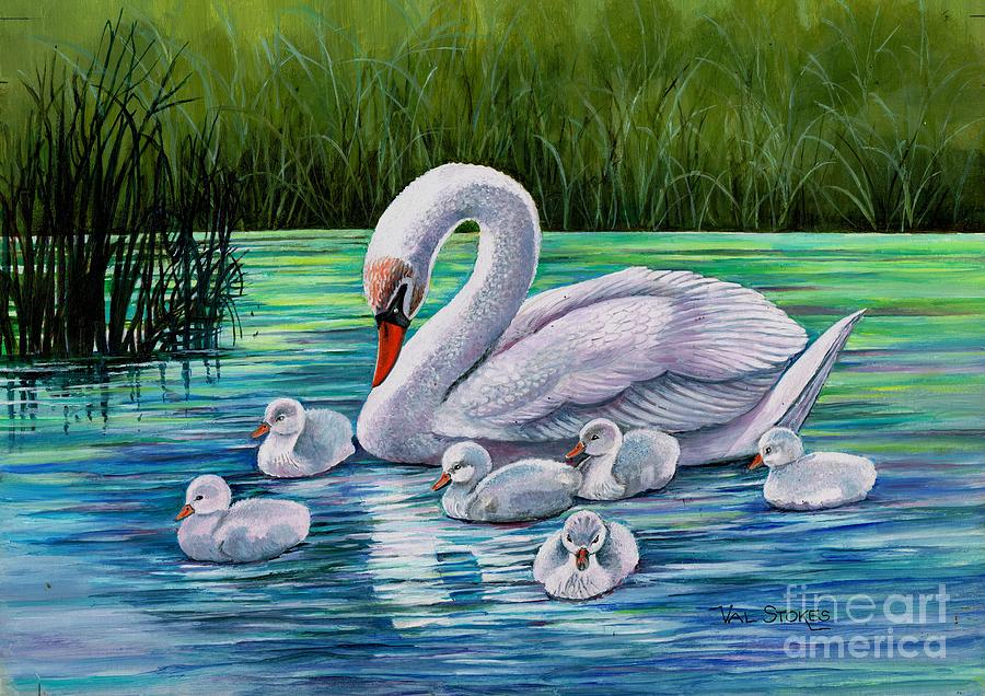 Swanning Around Painting by Val Stokes