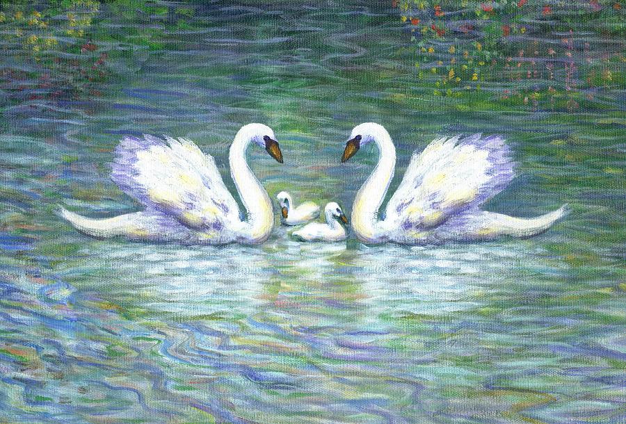 Swan Painting - Swans and Two Babies by Linda Mears