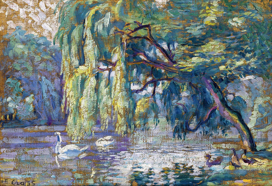 Henri Edmond Cross Painting - Swans Family . Forest of Boulogne  by Henri-Edmond Cross