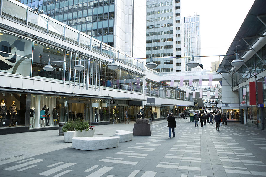 Sweden, Stockholm, upscale outdoor mall Photograph by ZenShui/Alix Minde