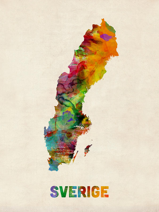 Urban Digital Art - Sweden Watercolor Map by Michael Tompsett