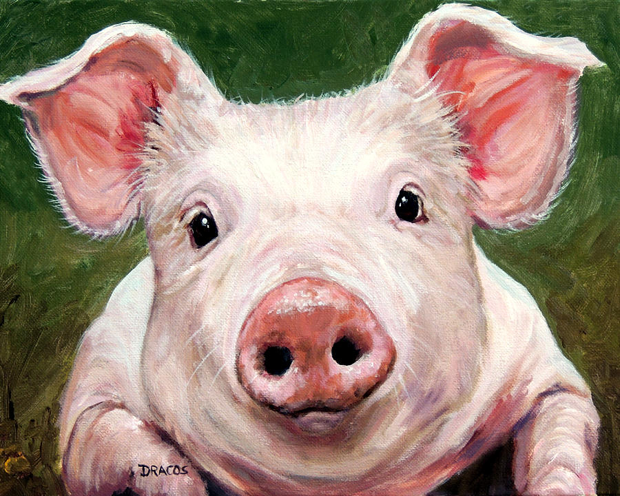 Pig Painting - Sweet Little Piglet on Green by Dottie Dracos