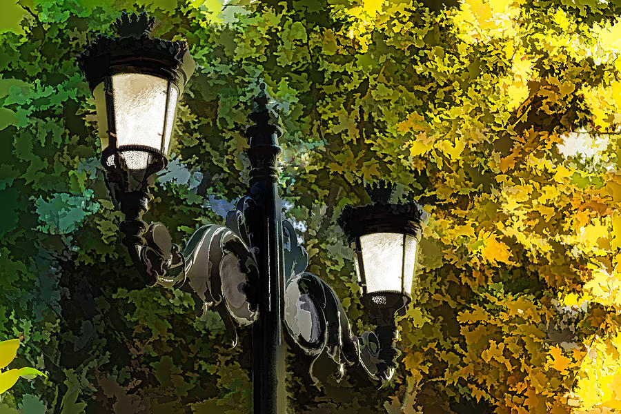Vintage Digital Art - Sweet Old-Fashioned Streetlights - Impressions of Fall by Georgia Mizuleva