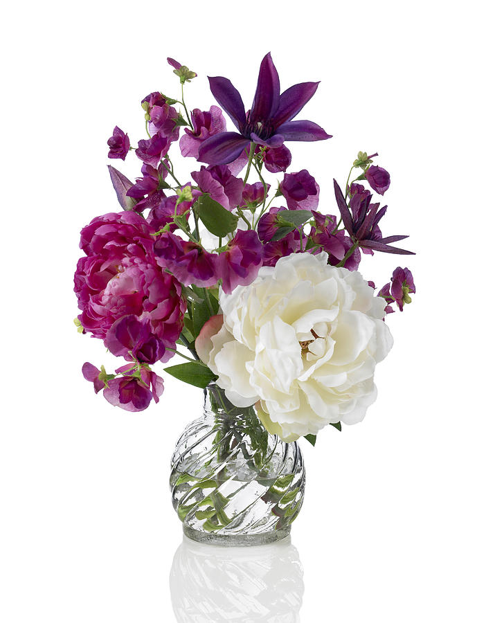 Sweet pea, peony and Clematis bouquet on white background Photograph by Jonathansloane