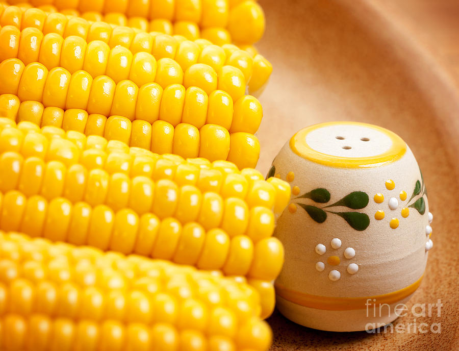 Sweetcorn with saltshaker Photograph by Anna Om