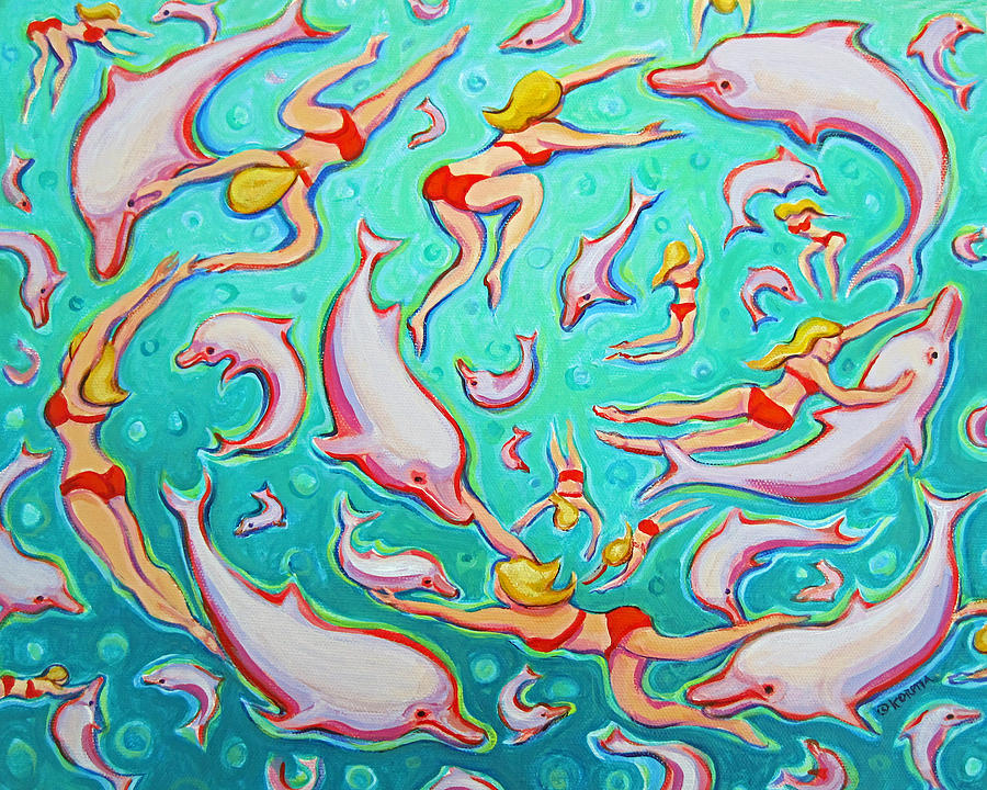 Beach Painting - Swimming with Pink Dolphins by Rebecca Korpita