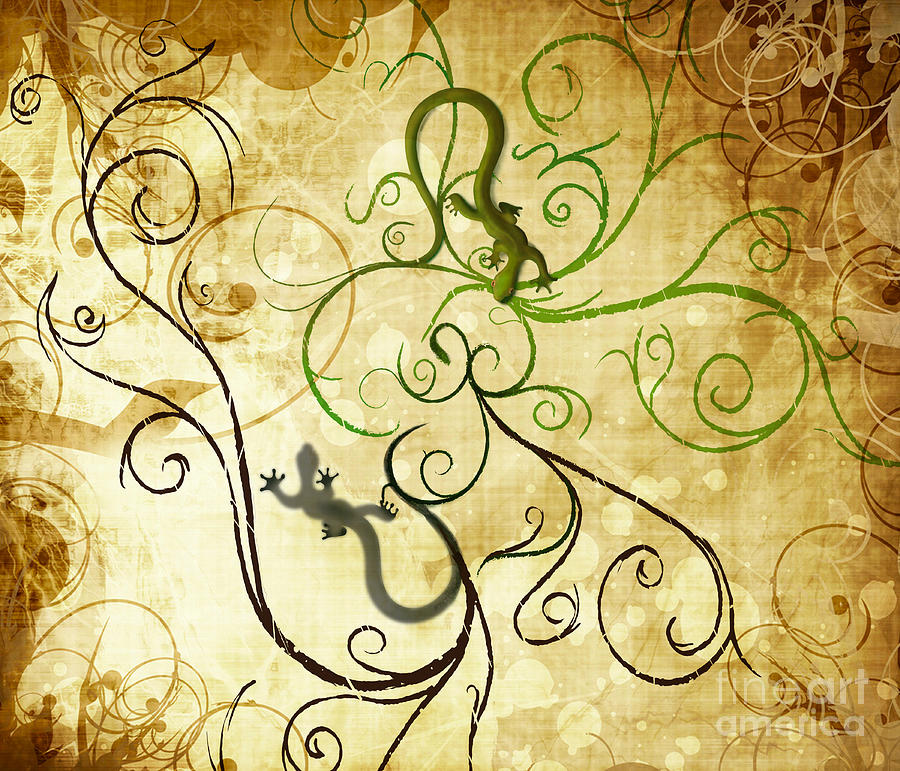 Swirl Geckos On Vintage Paper Painting by Sassan Filsoof