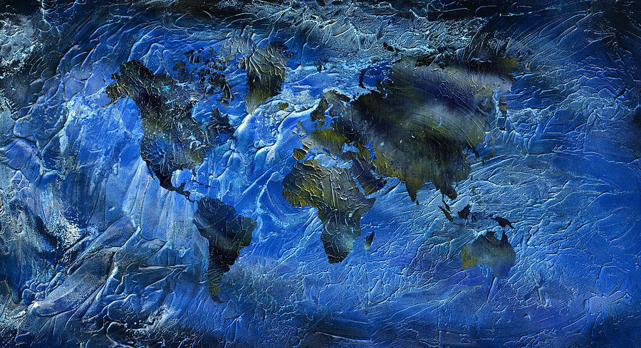 Swirly Blue Acrylic World Map Painting by Hakon Soreide