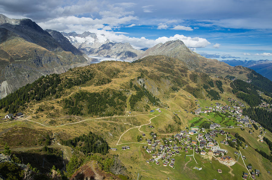 Swiss Alps great view towards Riederalp Aletsch Forest and Aletsch Glacier Photograph by Matthias Hauser