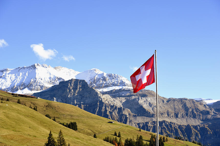 Swiss Flag in Front of Bernese Alps Panorama Photograph by Southerlycourse