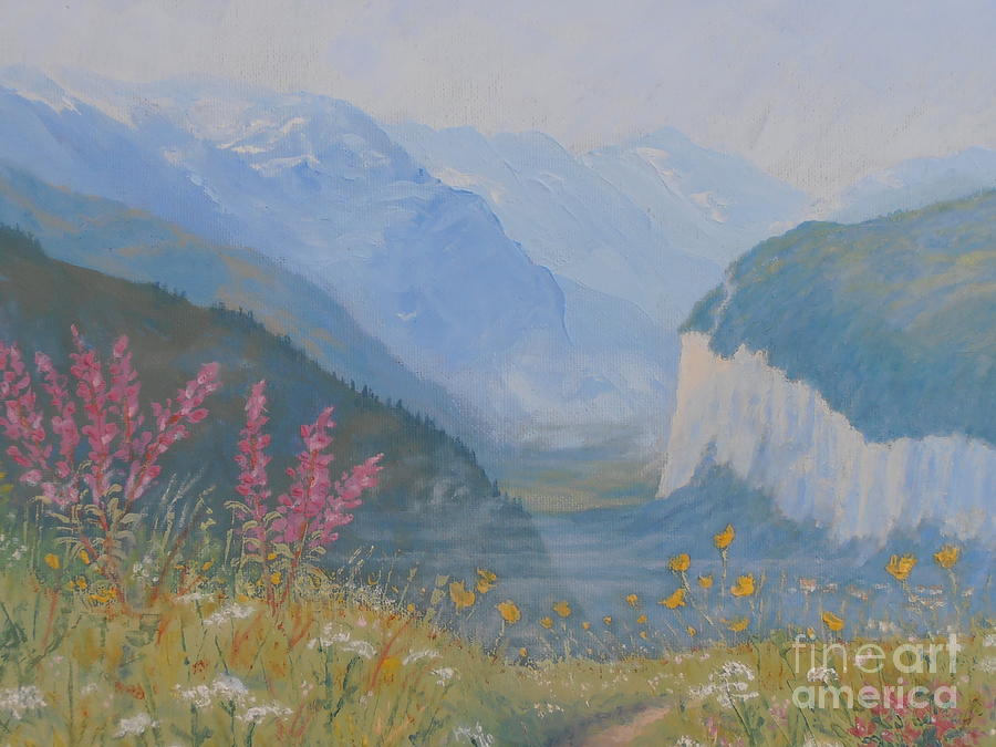 Swiss Wildflower Meadow Above Lauterbrunnen Valley Painting by Elaine Jones