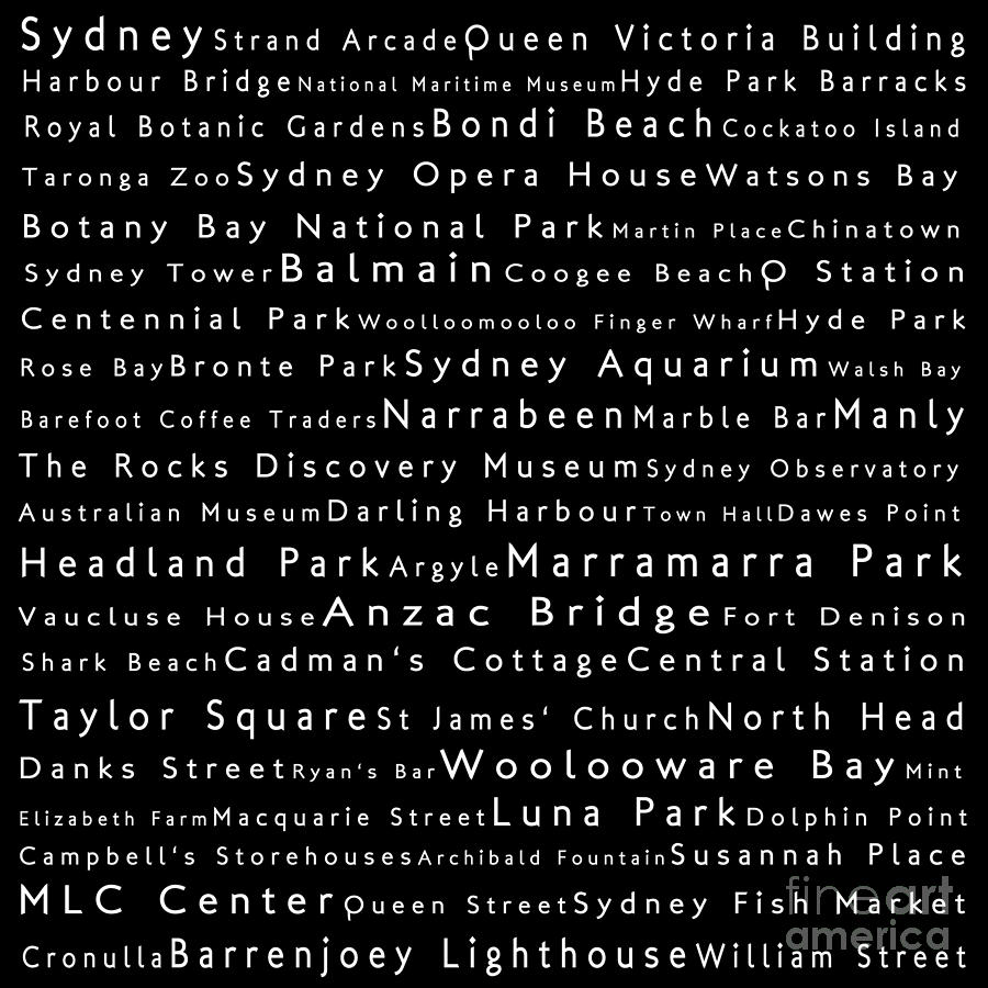 Sydney in Words Black Digital Art by Sabine Jacobs