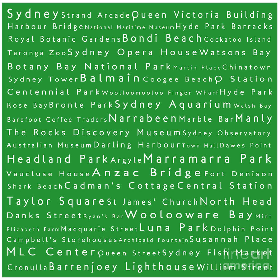 Sydney in Words Green Digital Art by Sabine Jacobs
