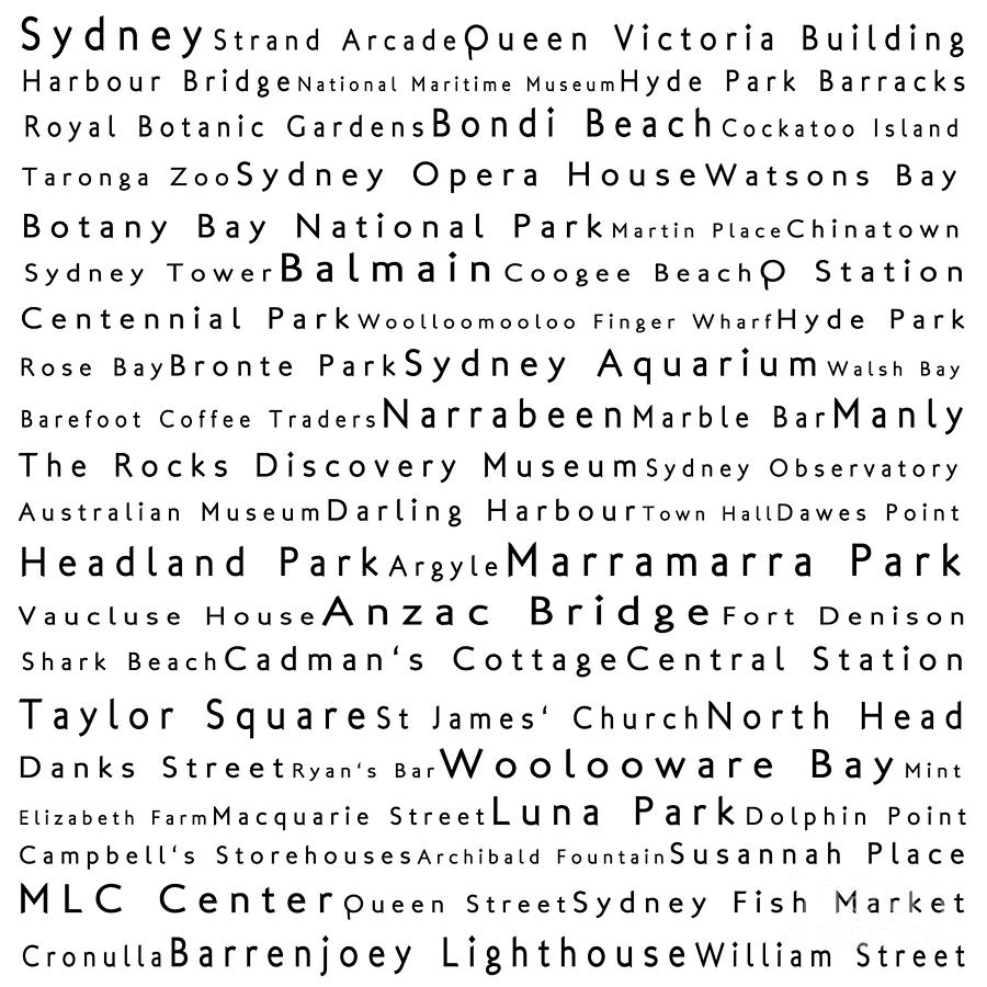 Sydney in Words White Digital Art by Sabine Jacobs