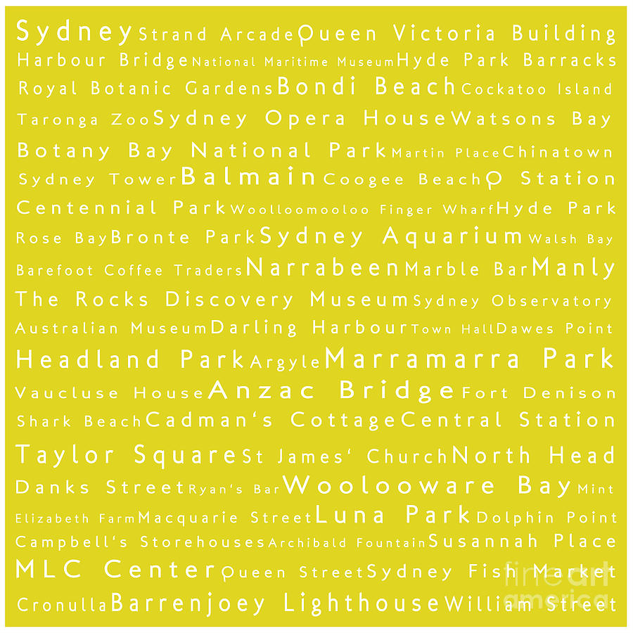 Sydney in Words Yellow Digital Art by Sabine Jacobs