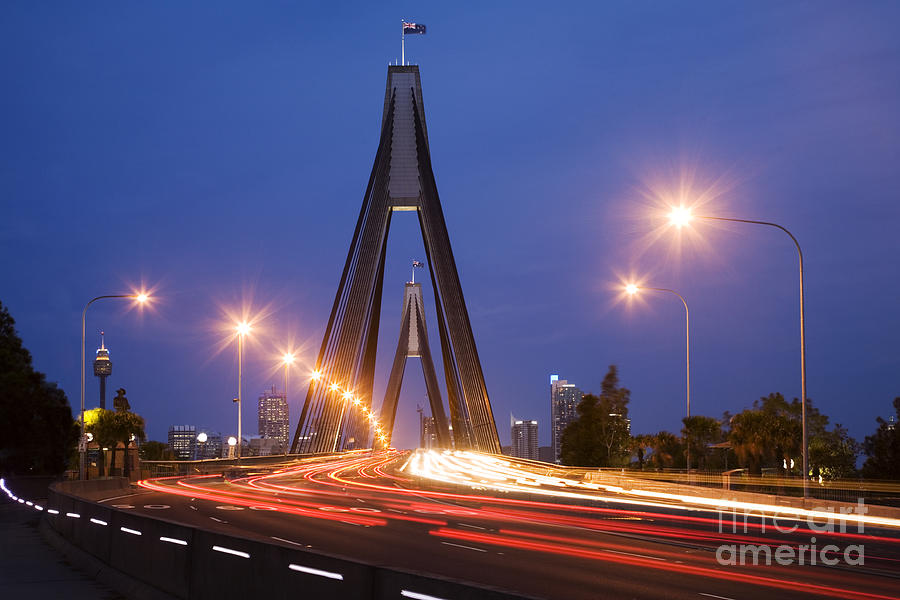 Sydney Traffic and Anzac Bridge at Twilight Photograph by Colin and Linda McKie