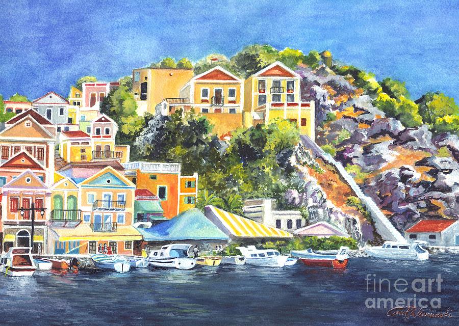 Boat Painting - Symi Harbor The Grecian Isle  by Carol Wisniewski
