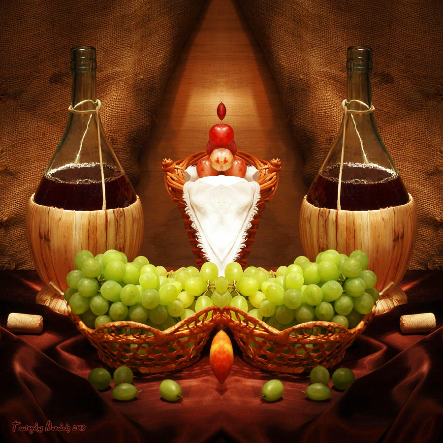 Symmetric still life. Two bottles of red wine. 2013 80/80 cm.  Digital Art by Tautvydas Davainis