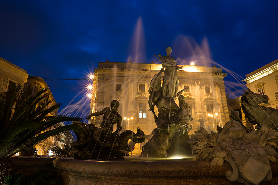 Syracuse Sicily Blue Hour - Fountain of Diana on Piazza Archimede Photograph by Georgia Mizuleva