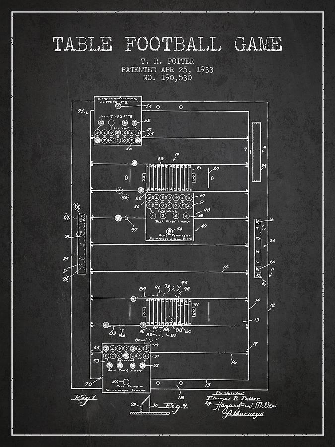 Table Football Game Patent From 1933 - Charcoal Digital Art