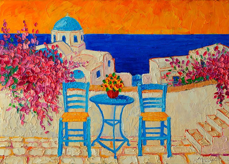 Table For Two In Santorini Greece Painting by Ana Maria Edulescu