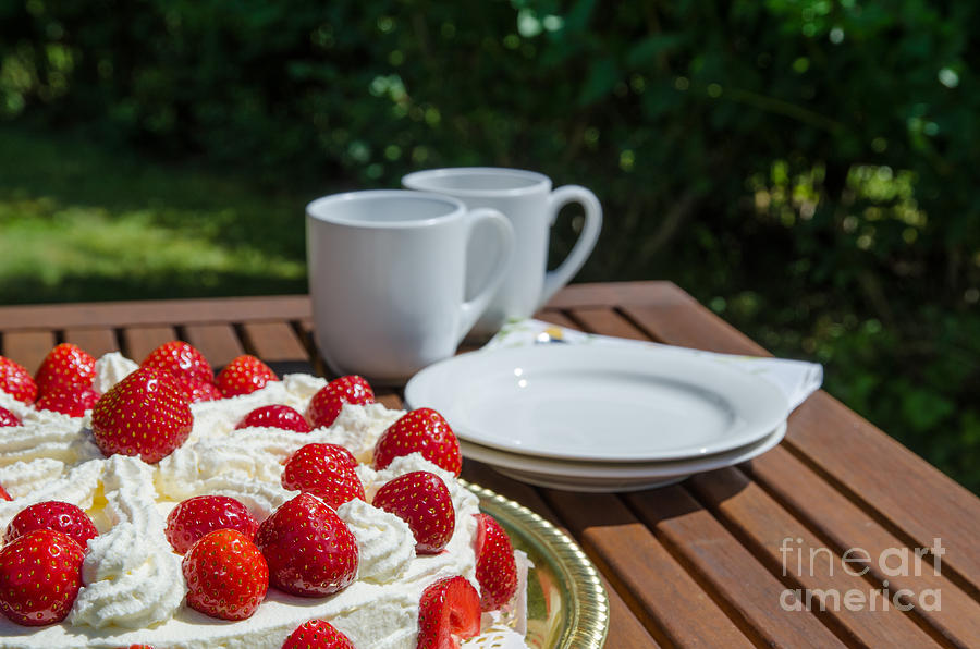 Table With Strawberry Cake Photograph