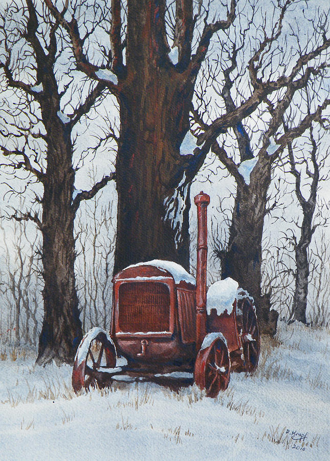 Landscape Painting - Tractor in Cottonwoods by Dan Krapf