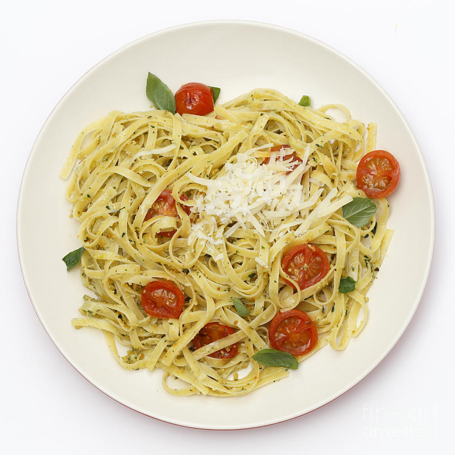 Tagliatelle with pesto and tomatoes from above Photograph by Paul Cowan