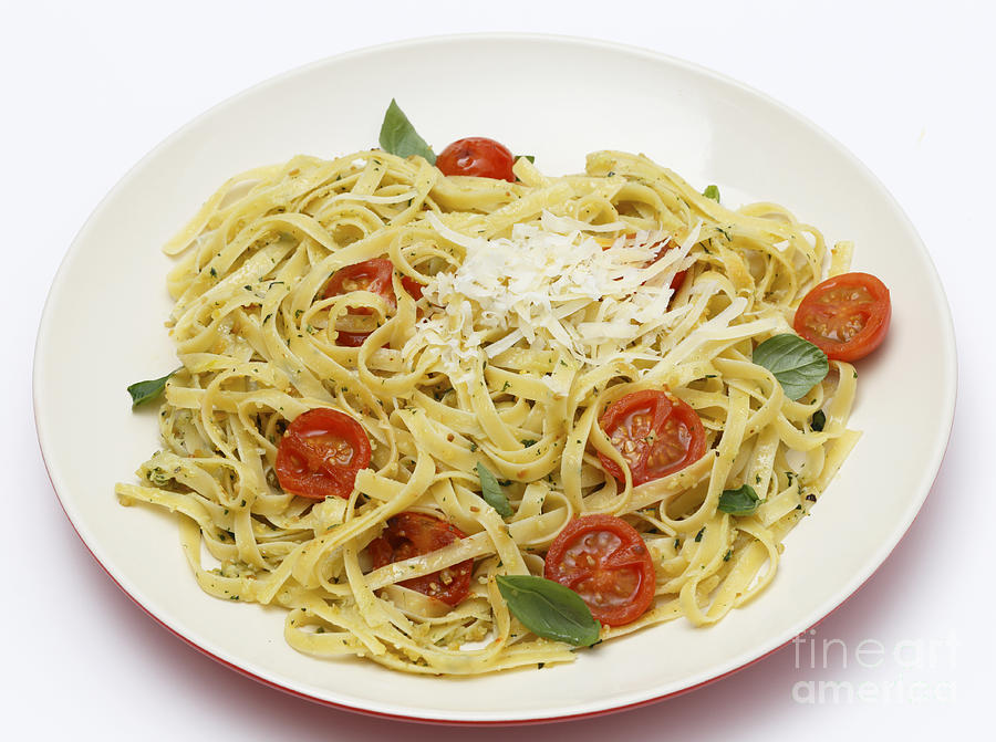 Tagliatelle with pesto and tomatoes Photograph by Paul Cowan