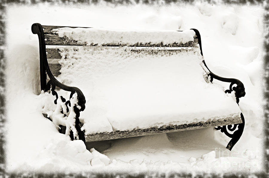 Take A Seat  And Chill Out - Park Bench - Winter - Snow Storm BW 2 Photograph by Andee Design
