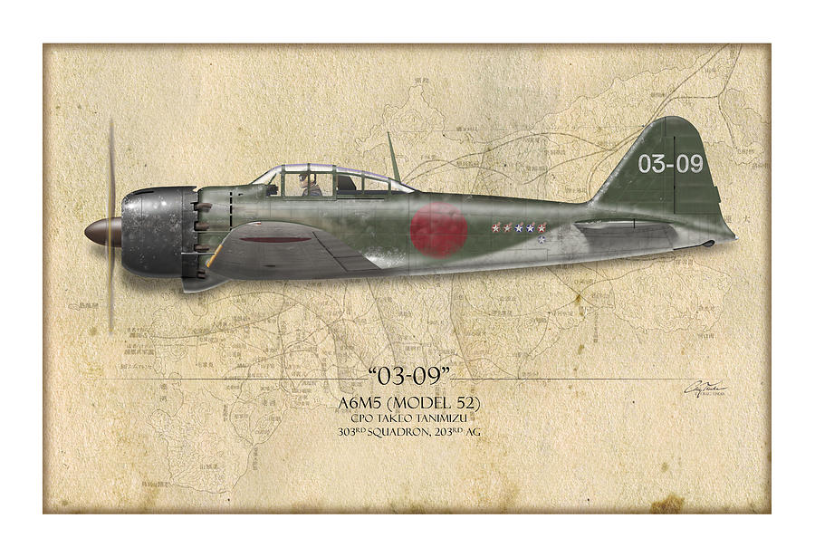 Airplane Painting - Takeo Tanimizu A6M Zero - Map Background by Craig Tinder