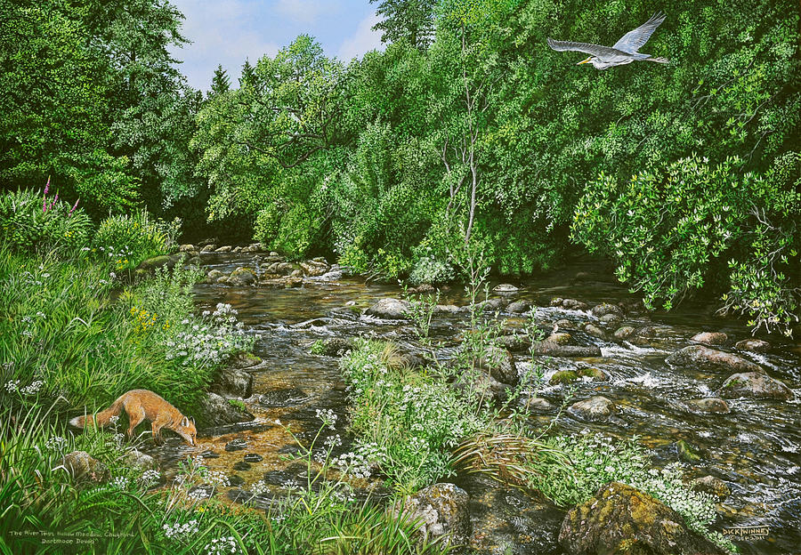 Wildlife Painting - Taking a Drink and Flying Upstream by Dick Twinney