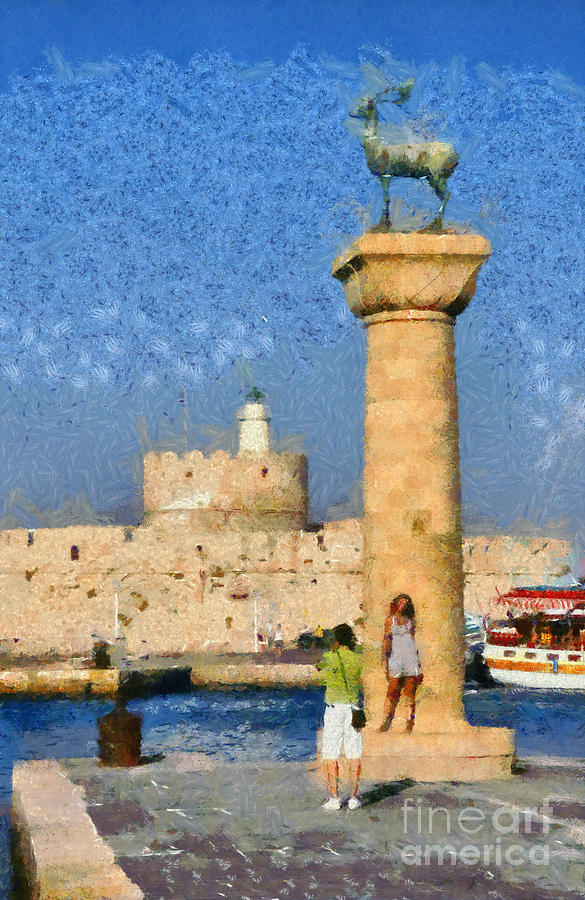 Taking pictures at the entrance of Mandraki port Painting by George Atsametakis