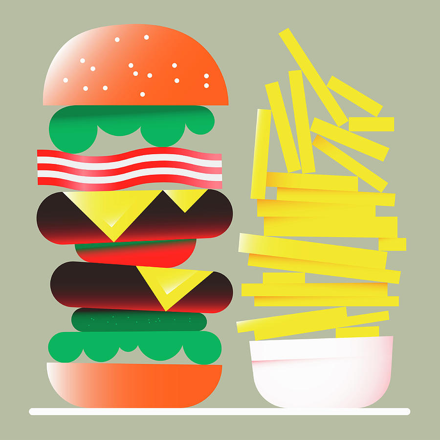 Tall Hamburger And Large Pile Of Chips Photograph by Ikon Images