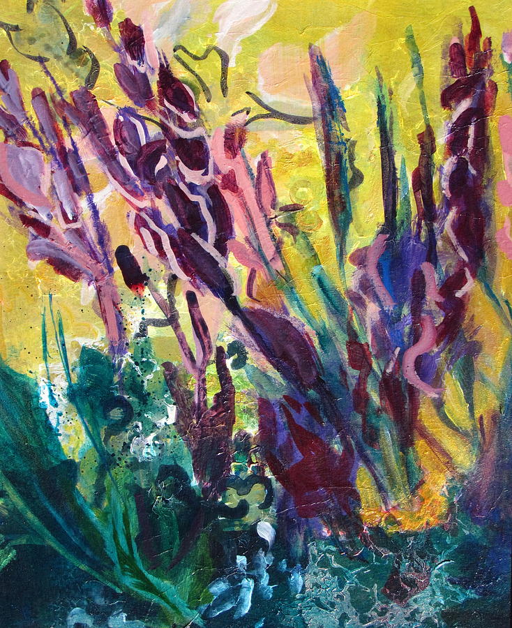 Tall Purple Blooms and Green Foliage Painting by Betty Pieper