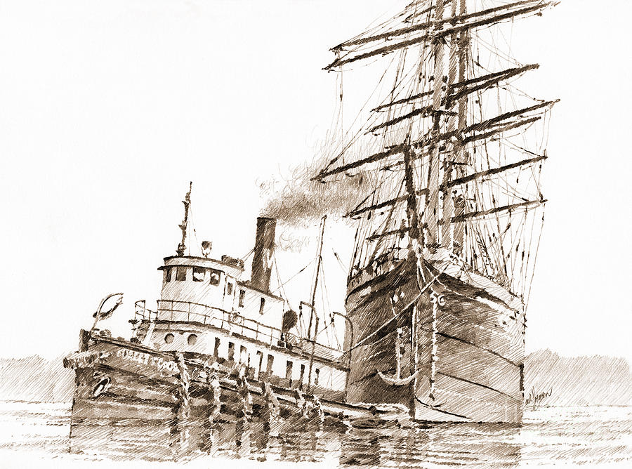 Tug Drawing - Tall Ship Assist Sepia by James Williamson